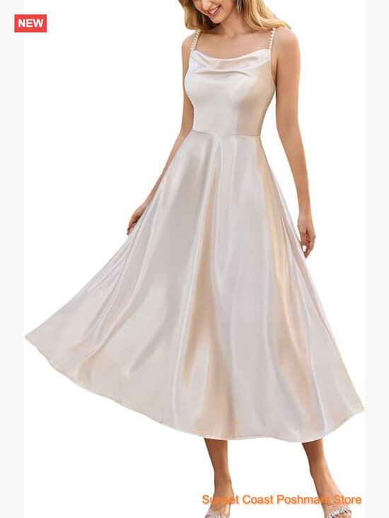 Dresses & Skirts - Satin Pearl Slip Dress Cowl Neck Backless Midi Adjustable Straps Wedding Guest